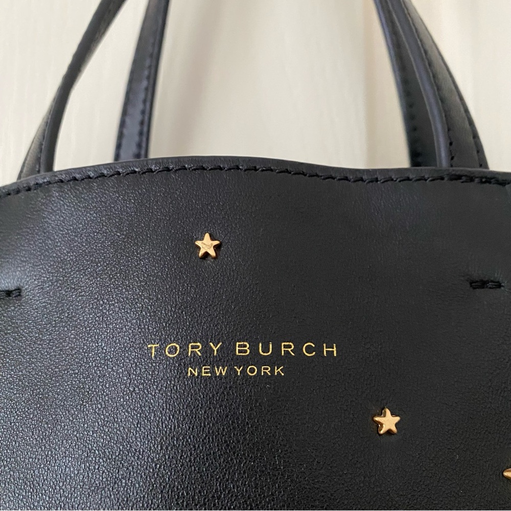 $398 Tory Burch Fleming Black Lambskin Leather Gold Star Studs Satchel Tote Bag - Picture 6 of 14